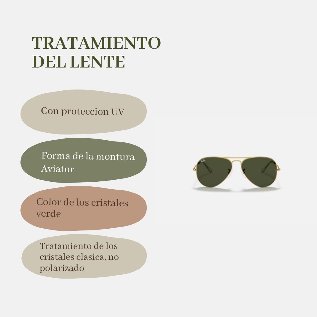 Ray-Ban Aviator New con armazón dorado y lentes Green G-15. Estilo clásico, talle estándar y protección solar de alta calidad.